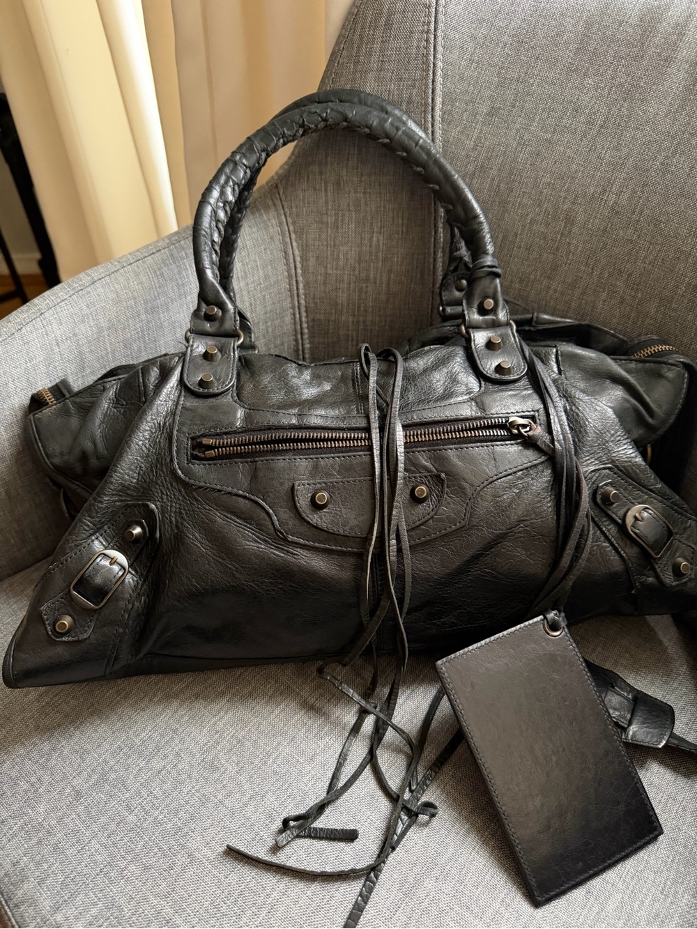 Balenciaga part time Black Leather Braided-Handle Shoulder Bag with Tassels